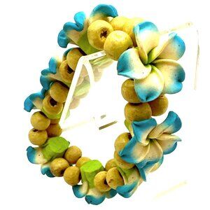Hawaiian Blue Plumeria Flower Stretch Bracelet Handmade Fimo Wood Beads Aloha